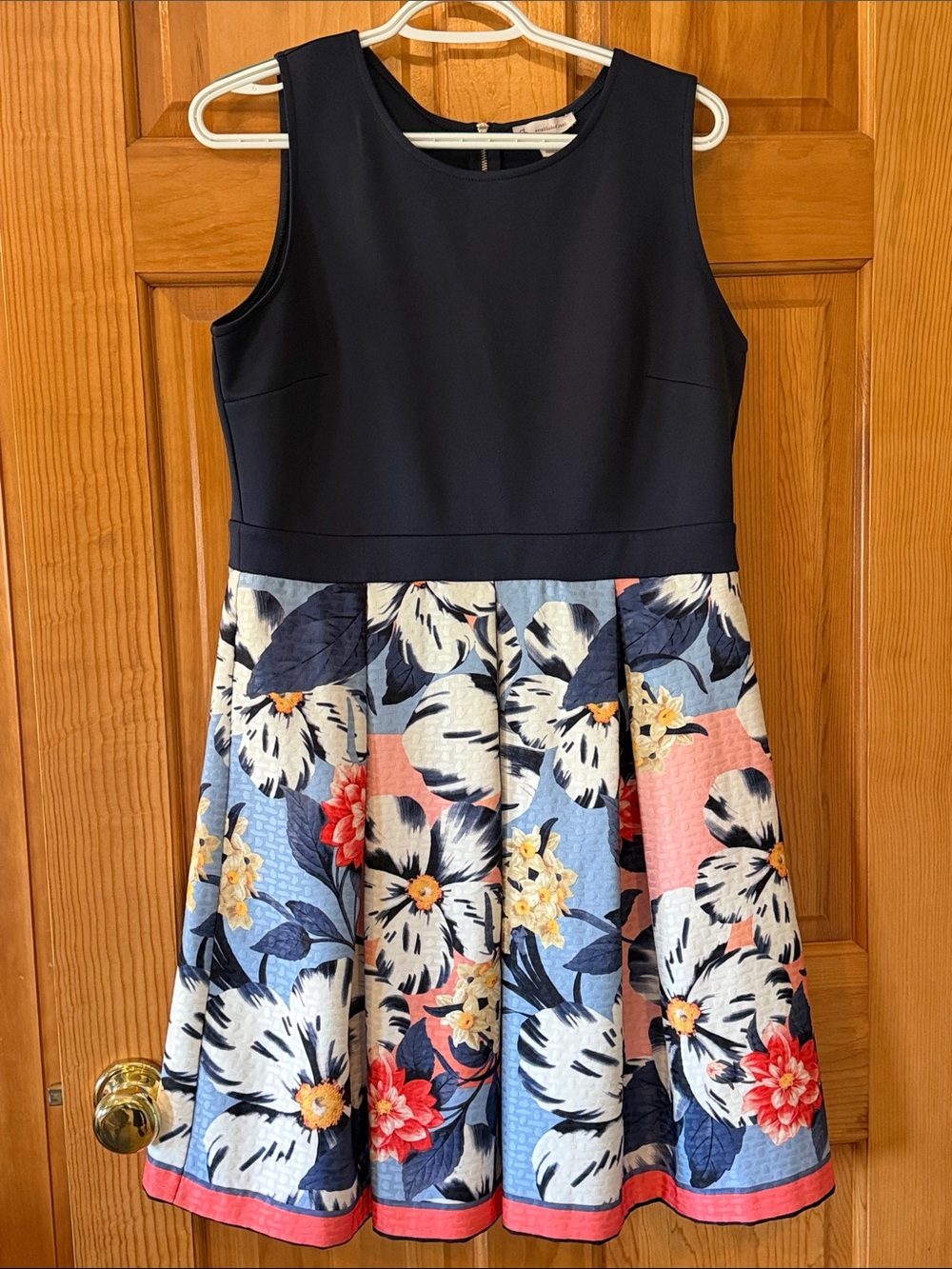 Dress Barn Navy Bodice Floral Midi Dress with Coral Accents
